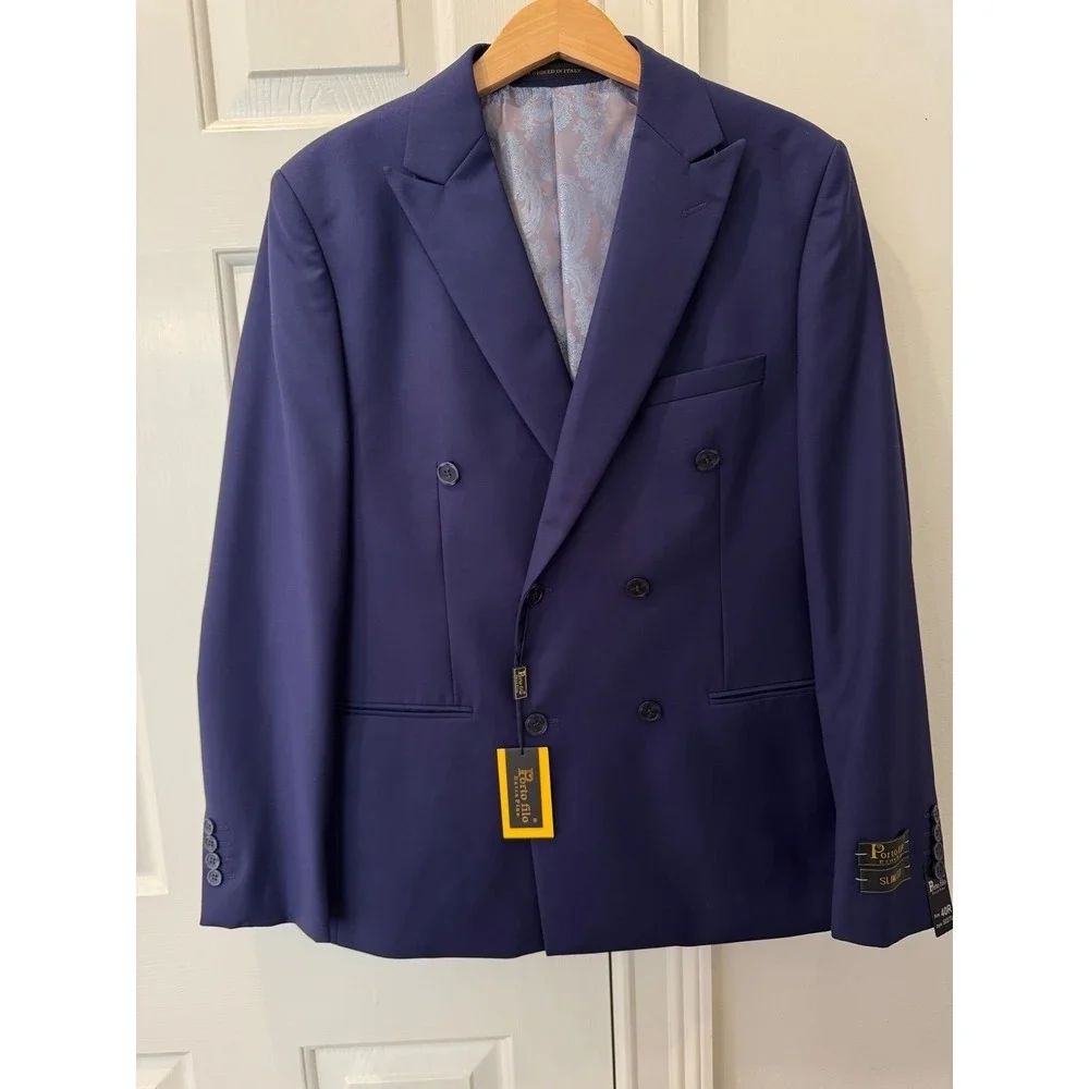 Porto Filo Mens Slim Fit Double Breasted Blazer Blue 40R S027D Designed in Italy